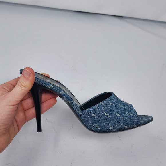SAINT LAURENT Blue Denim Logo Print La 16 Open Toe Mule Sandal - Picture 2 of 10